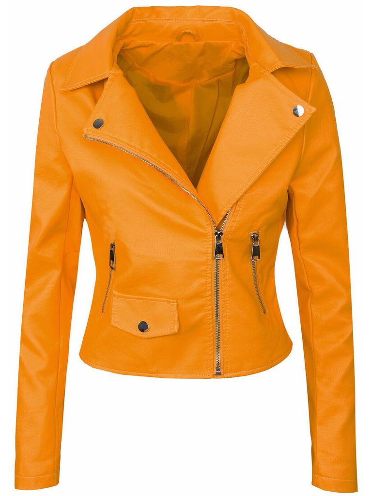 EU-Größe Schlanke Reißverschluss PU-Lederjacke für Damen - Einfarbige Herbst-/Winterkollektion