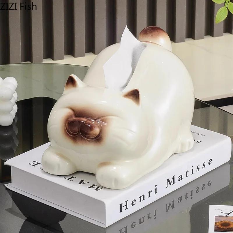 Lovely Siamese Kitten Ceramic Tissue Box Coffee Table Desk Decoration Cartoon Cat Tissue Box Bedside Table Paper Towel Case