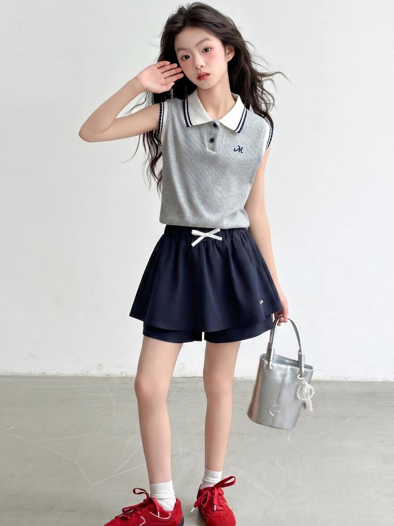 Girls' 2026 Sleeveless Polo Shirt & Sports Skirt Shorts Two-Piece Summer Set