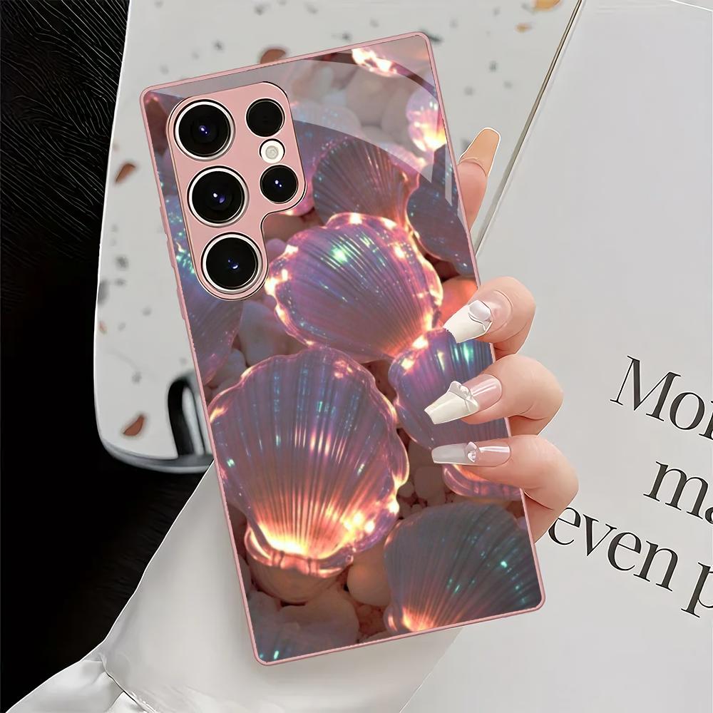 Pink shell electroplated glass phone case suitable for Samsung Galaxy S26 S25 S24 S23 S22 S20 FE/Ultra/Plus anti drop back cover