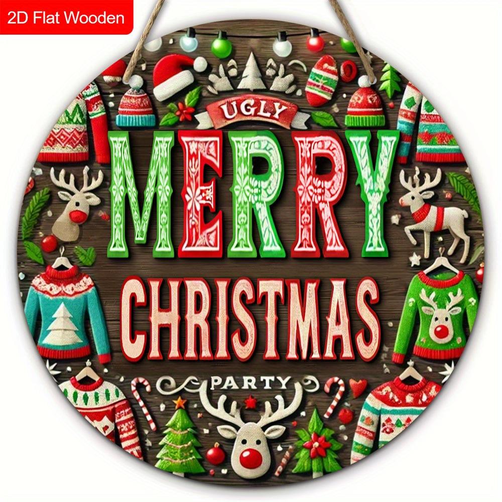 2D Flat 1pc Winter Merry Christmas Sweater Logo Wooden Sign Decoration, Front Door Embossed Effect Wall Decoration, Suitable for Home Office, Garden