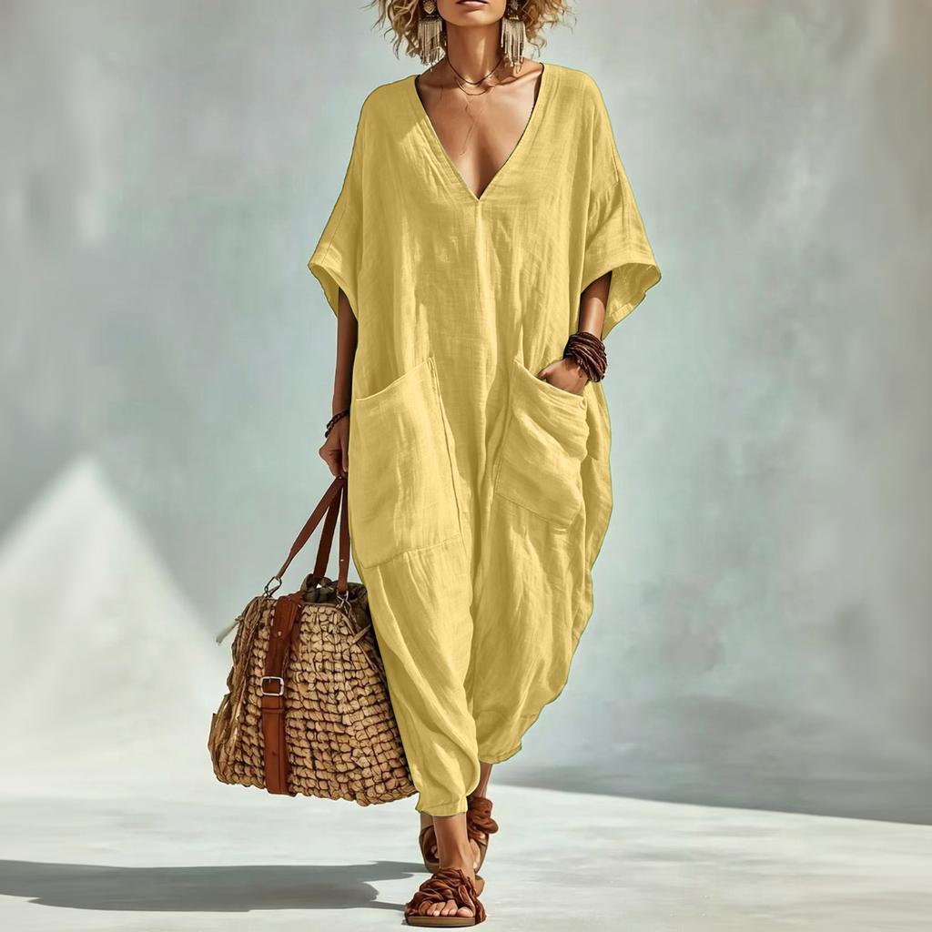 Women's Linen V Neck Jumpsuit with Pockets Wide Leg Romper