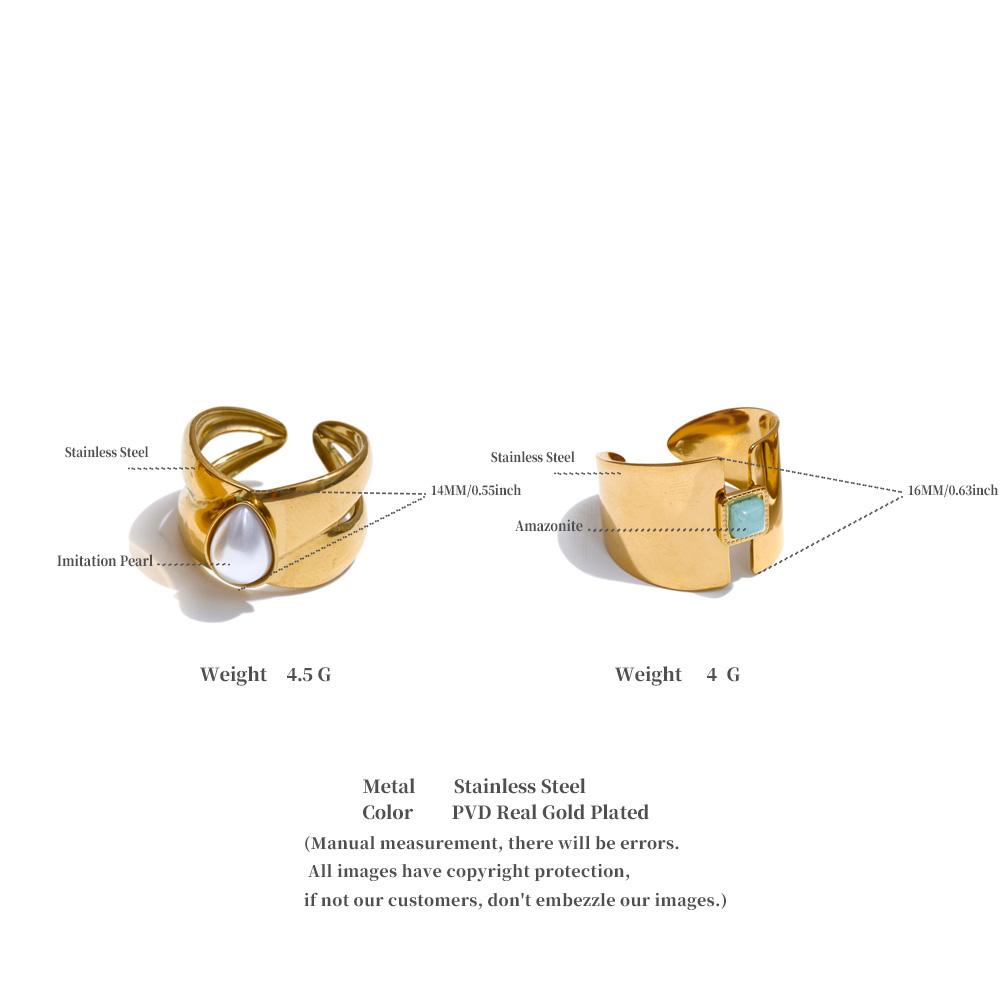 Eetit Natural Amazon Stone Pearl Open Golden Cast Ring for Women Glossy Stainless Steel Charm Jewelry Tarnish Resistant