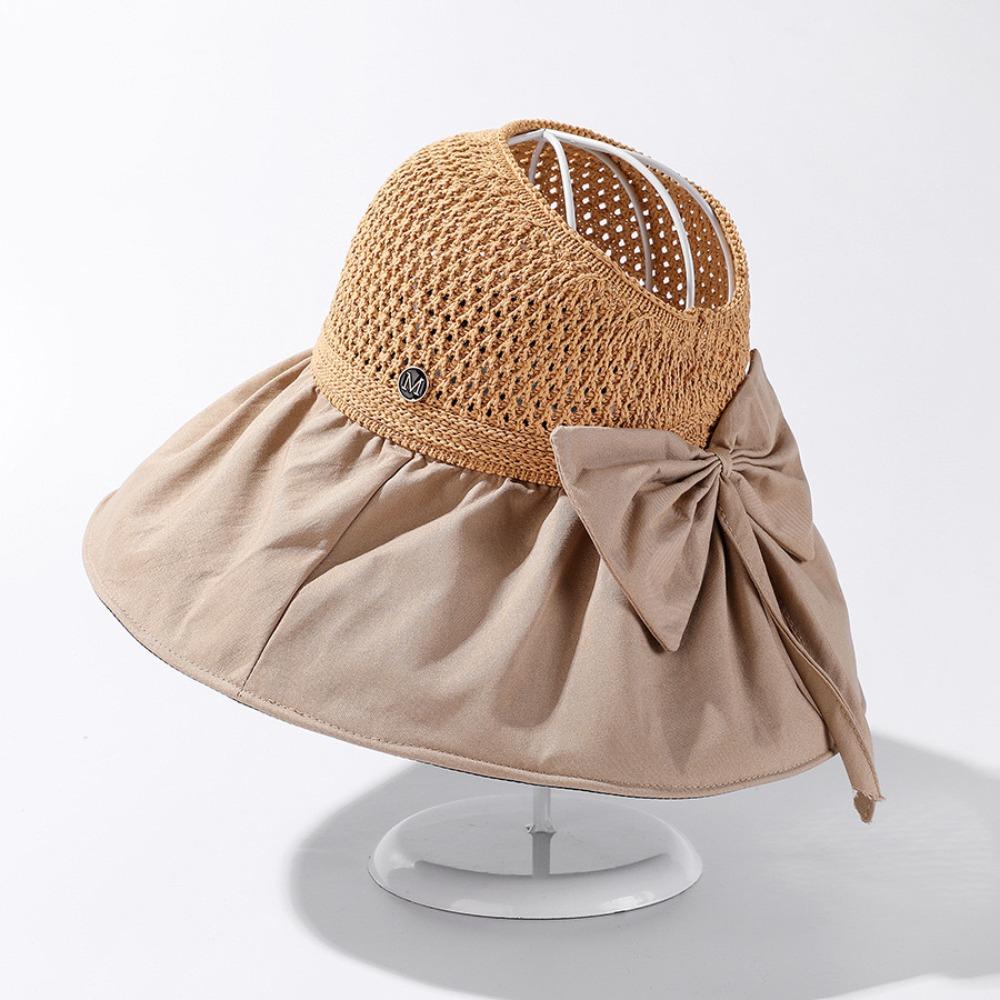 Sunscreen Wide Brim Bucket Hat Bow Vinyl Sun Hats Retro Woven Empty Top Cap  Summer
