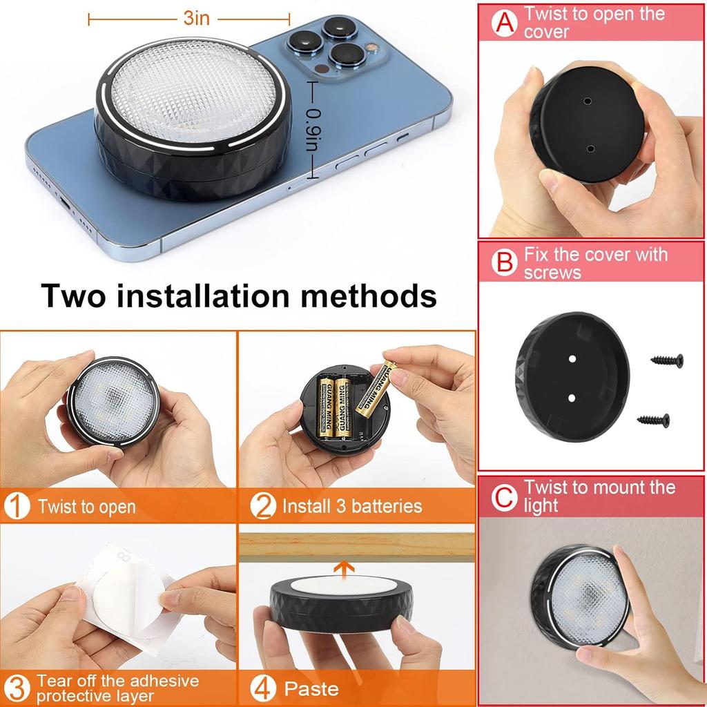 Battery Operated Puck Lights with Remote LED Under Cabinet Lighting Wireless Stick on Lights Color Changing Timer Tap Lights for Cabinets Shelves