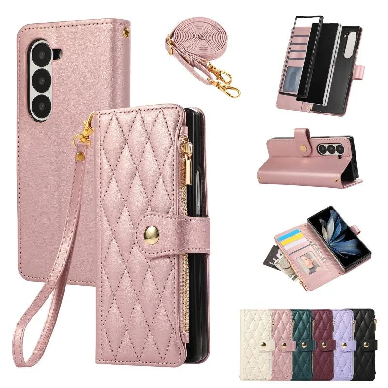 Crossbody Wrist Strap Wallet with Card Holder Phone Case for Samsung Galaxy Z Fold 7 6 5 4 Fold6 Fold5 Fold4 Fold3 Leather Cover