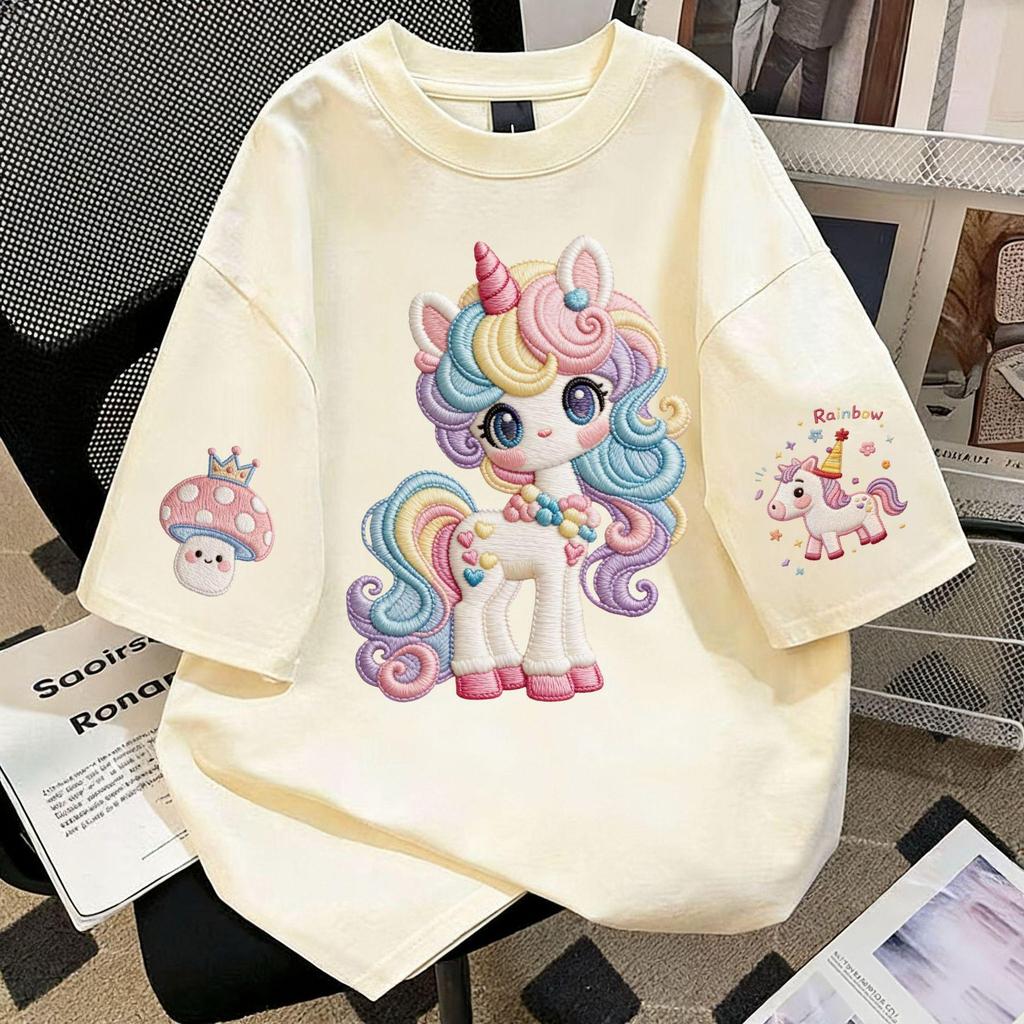 Girls' Summer Fun Faux Embroidery Cotton T-shirt - Unisex Short Sleeve for School Age Kids
