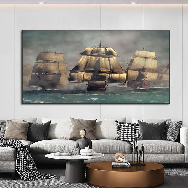 Landscape Pirates Ship Tropical Island Palm Tree Canvas Painting Posters and Prints Wall Art Pictures Living Room Decor No Frame