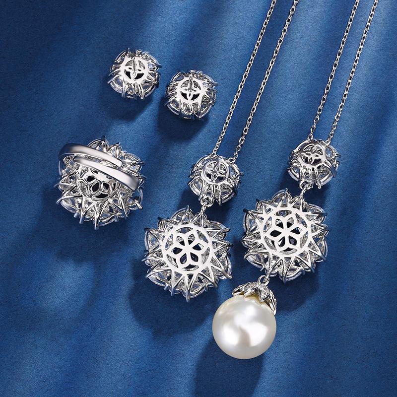 Fashion Luxury Sapphire Jewelry Set for Women Inlaid Water Drop CZ Blue Gemstone Flower Pearl Pendant Necklace Ring Earrings