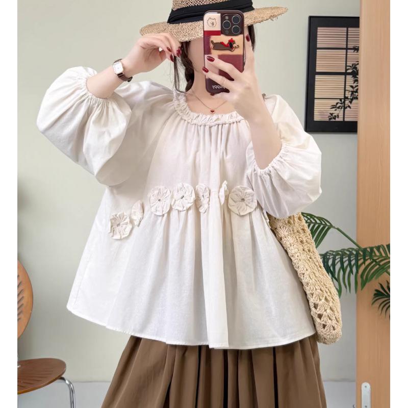 

Women s Spring Floral Lace-Up Blouse with Doll Collar and Lantern Sleeves One Size брудно-білий