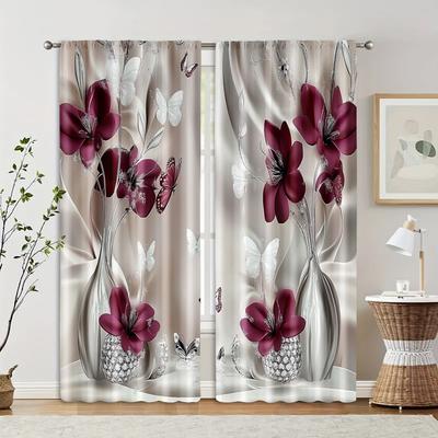 2pcs, Popular Curtain Panels 2D Print Red Floral Printed 100% Polyester (without Rod) Thermal Insulation, and Room Darkening
