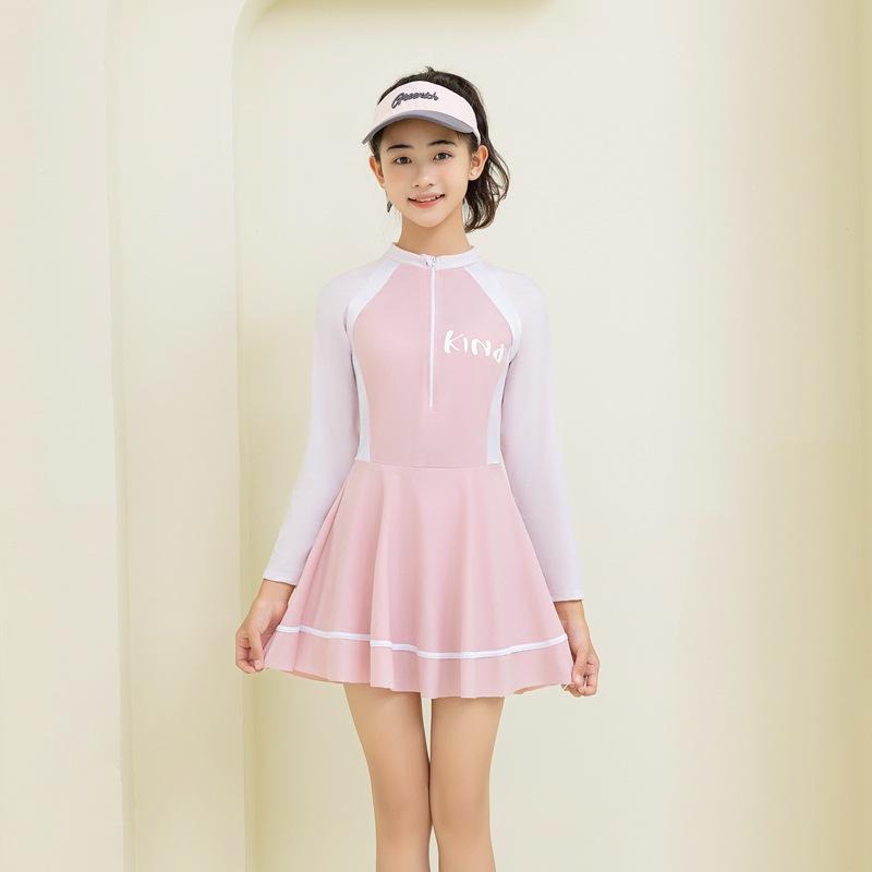 Girls' Long Sleeve One-Piece Skirt Swimsuit for Beach & Hot Springs