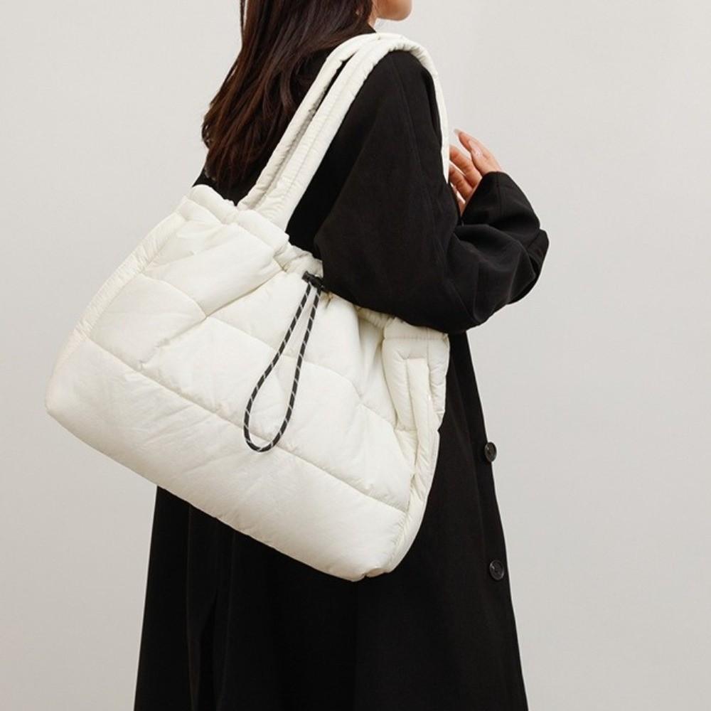 Versatile Puffy Quilted Tote Bag Down Large Capacity Underarm Bags Drawstring Shoulder Bag Casual