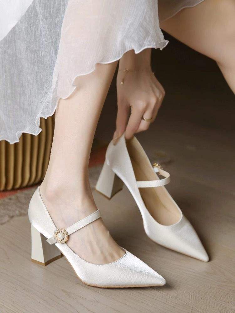 French High Heels Women's Thick Heel 2025 New Beige Mary Jane Bridesmaid Shoes Daily Wear Bridal Shoes Wedding Shoes