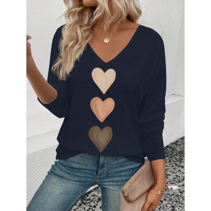 Women V Neck Long Sleeve Casual Heart Print T Shirt