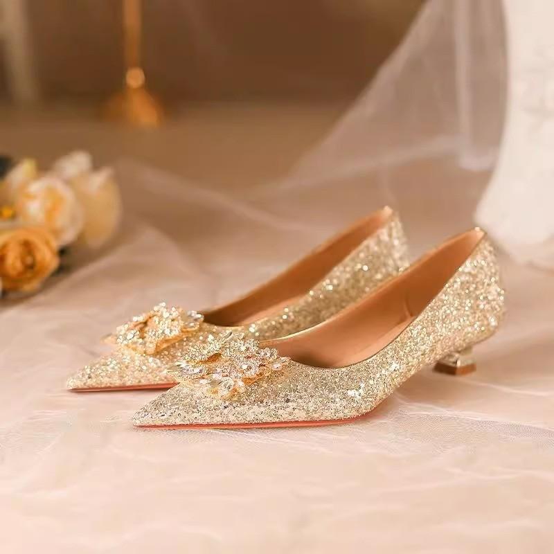 Autumn new champagne high heels women's thin heels square buckle rhinestone pointed temperament bride shoes wedding shoes women