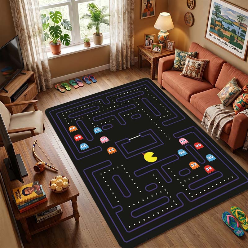 Pac-Man Retro Arcade Game Area Rug, Non-Slip Soft Floor Mat for Living Room Bedroom, Vintage 80s Game Carpet for Kids Room and Gamer Home Decor