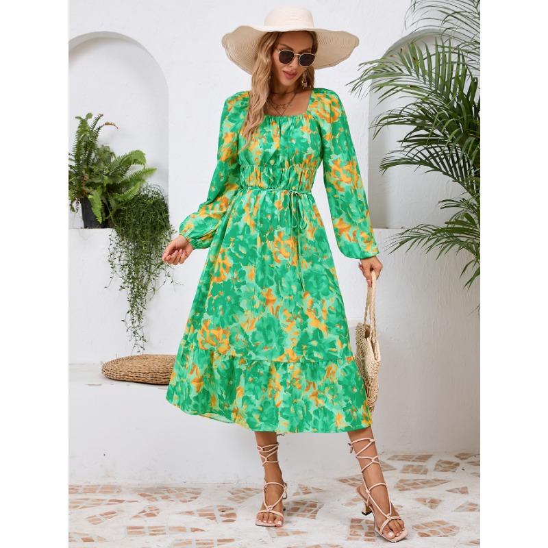 Spring and Autumn Women's Long Sleeve Printed Dress Slim Temperament Mid-Length Dresses