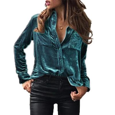 Mode Langarm Taschen Lose Frauen Bluse Elegante Feste Button Up Einfache Hemd Frau Tops Frühling Herbst Samt Shirts 30538