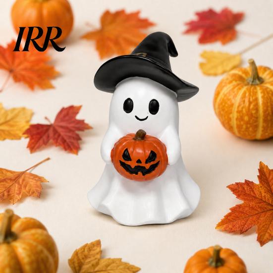 Safe Flameless Night Light Halloween Ghost Figurine, Cute Resin Holding Pumpkin Whimsical Statue for Desk Tabletop Indoor Home Decor Healing