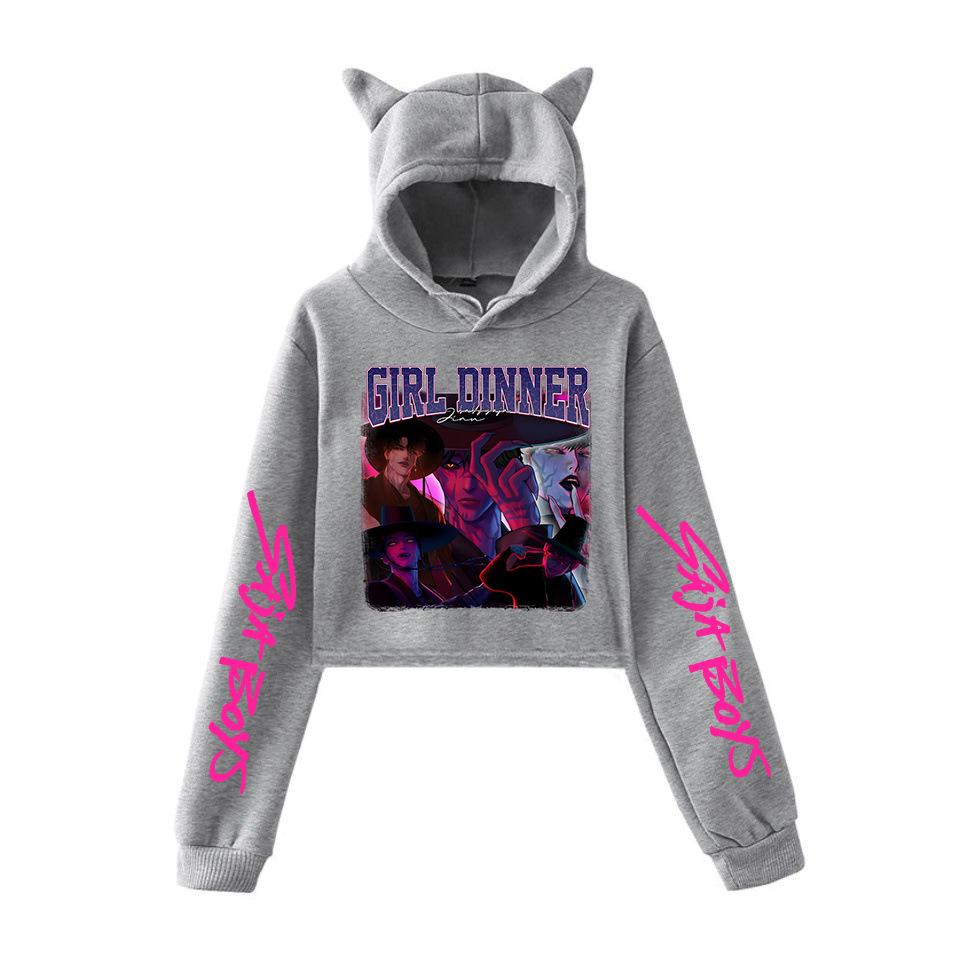 

K-pop Толстовки Охотники на демонов Женские Толстовки с кошачьими ушками Короткая толстовка Saja для мальчиков HUNTR/X Rumi Mira Zoey Derpy Свитшот Y2k Девушка Кроп-топы XXS серый