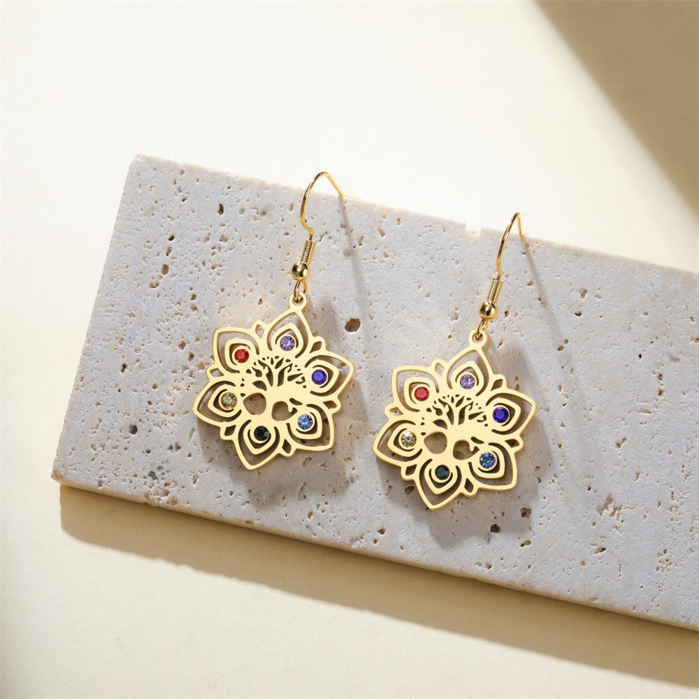 Chakra Lotus Mandala Earrings Tree of Life Colorful Zircon Stainless Steel Dangle Earrings Spiritual Jewelry Yoga Meditation