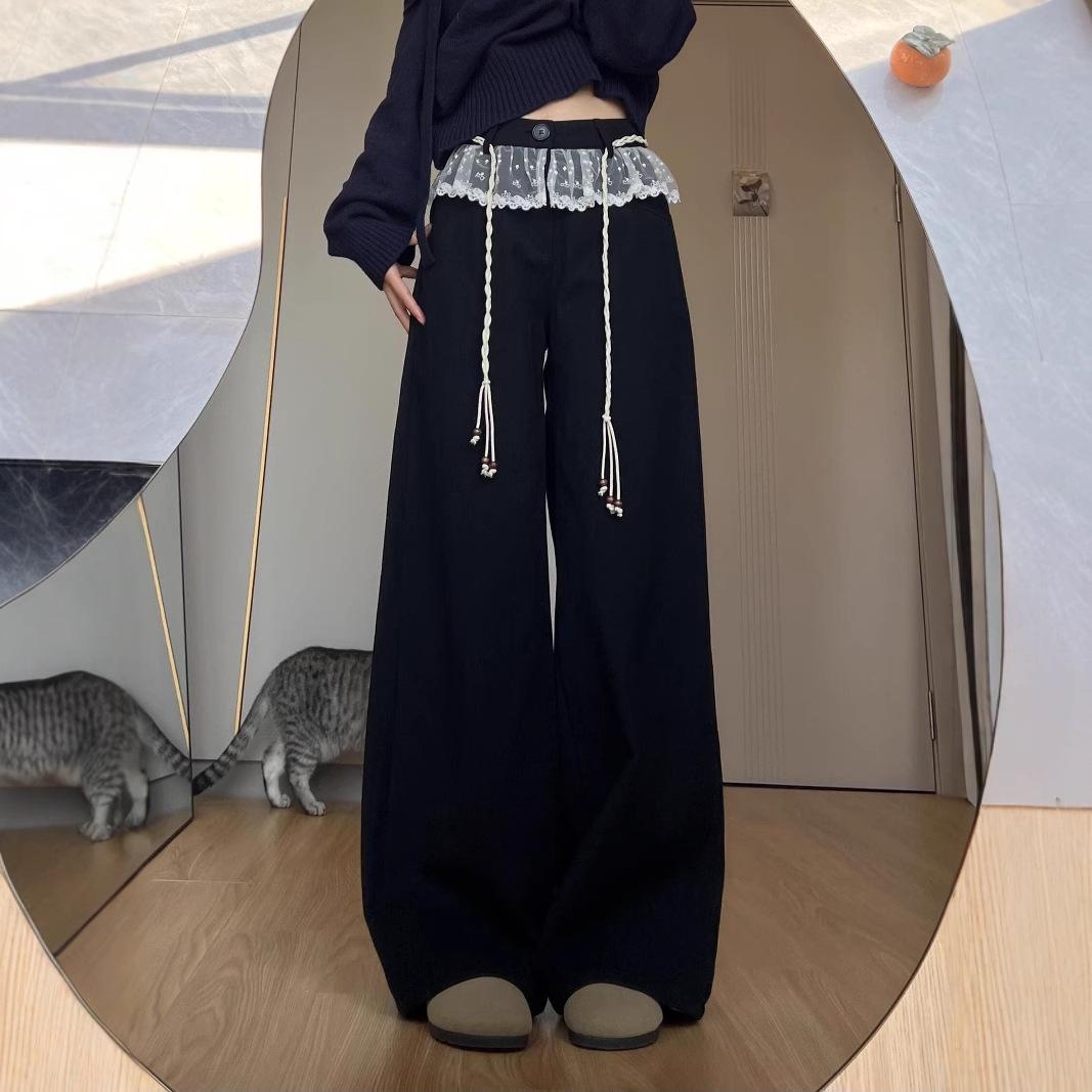 

Wide-Leg Black Lace Casual Pants for Women - Spring 2025, Floor-Length, Slimming, High-End XL [Premium]