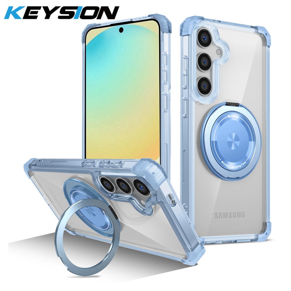 KEYSION Transparent Case for MagSafe for Samsung Galaxy S24 FE 5G 360° Magnetic Ring Stand Wireless Charging Clear Phone Cover