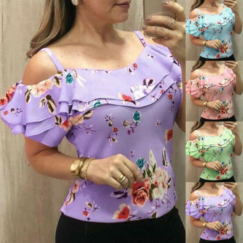 Floral Print Women Cold Shoulder Tops Summer Beach Tank Tops Vest Shirt Blouses