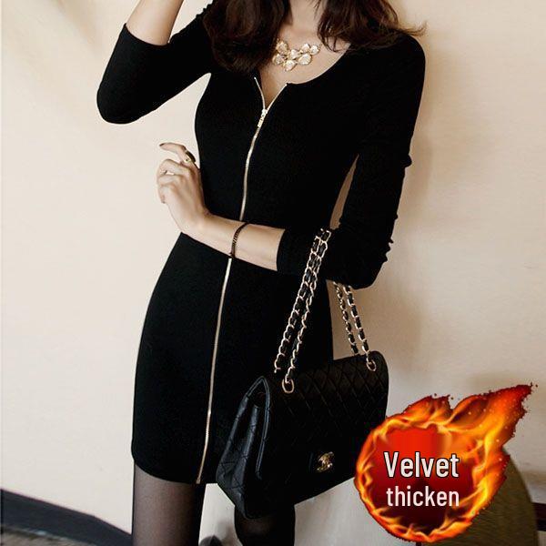 Elegant Women s Solid Color Bodycon Skirt Dress – Long Sleeve, Mature Style 4XL