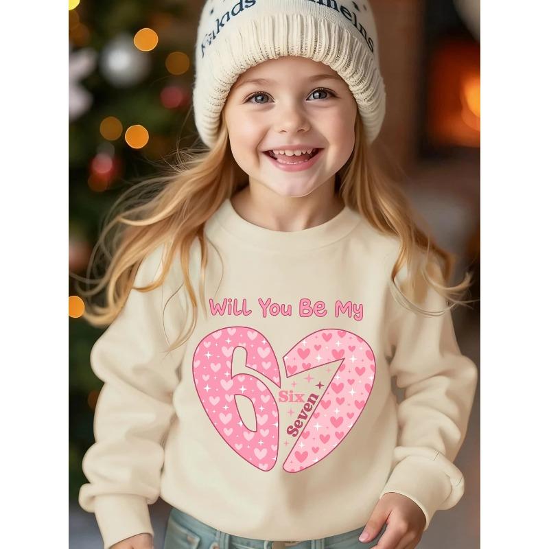 Unisex Kids White Crewneck Sweatshirt For 4-12 Girls Will You Be My Six Seven Pink Heart Star Split Number 67 Valentine Print Long Sleeve Pullover