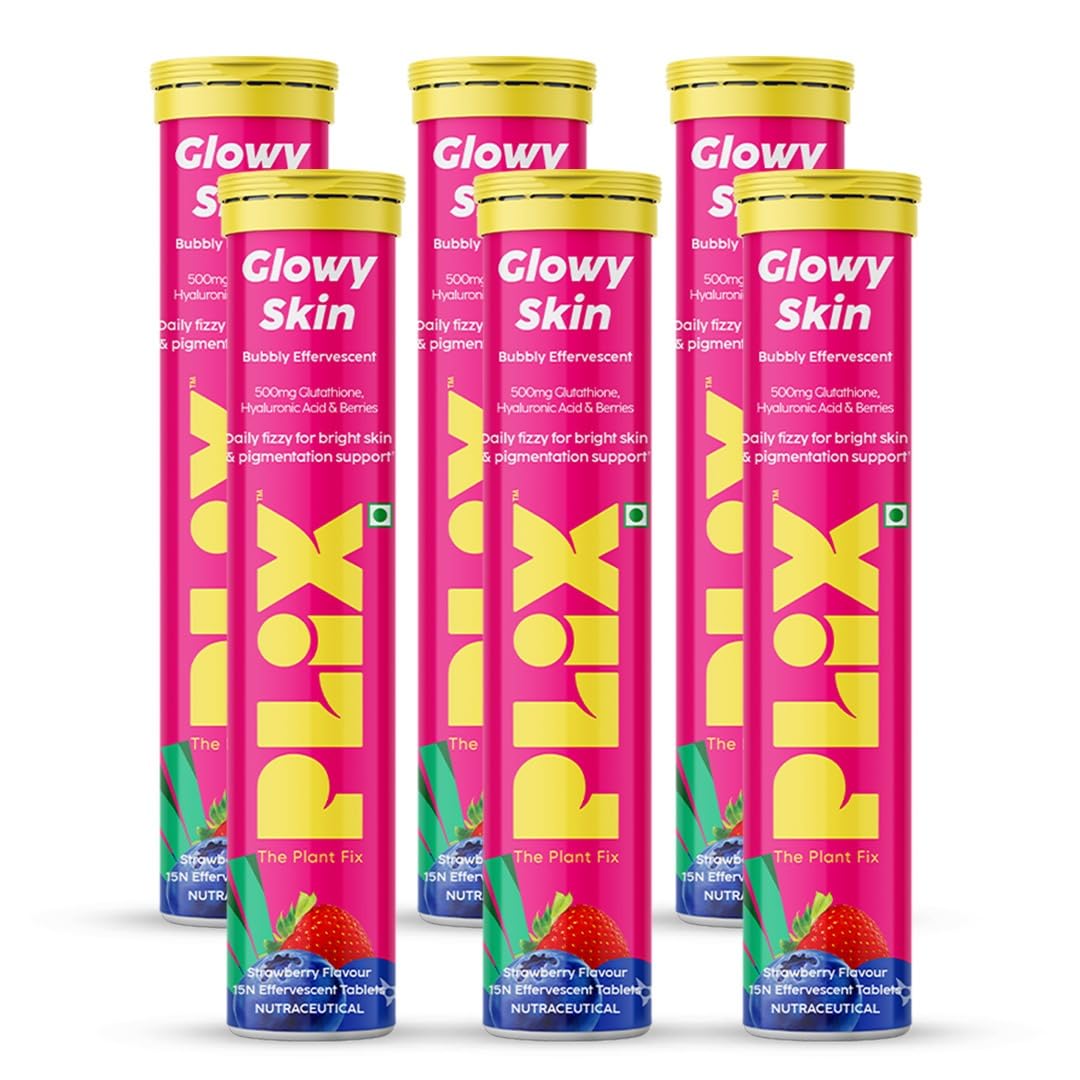 

PLIX The Plant Fix Glutathione Effervescent 15 Tablets 500mg for Clear Glowing Youthful Skin Pack of 6 Strawberry