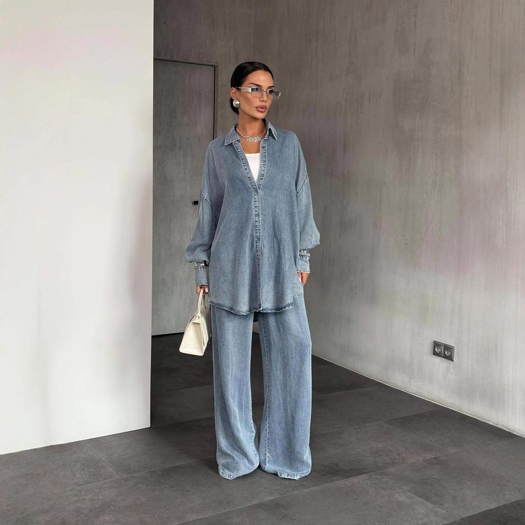  Cross-border European and American Fashion Women's Clothing Amazon Denim Long-sleeved Button-down Wide-leg Casual Pants Commuter Suit