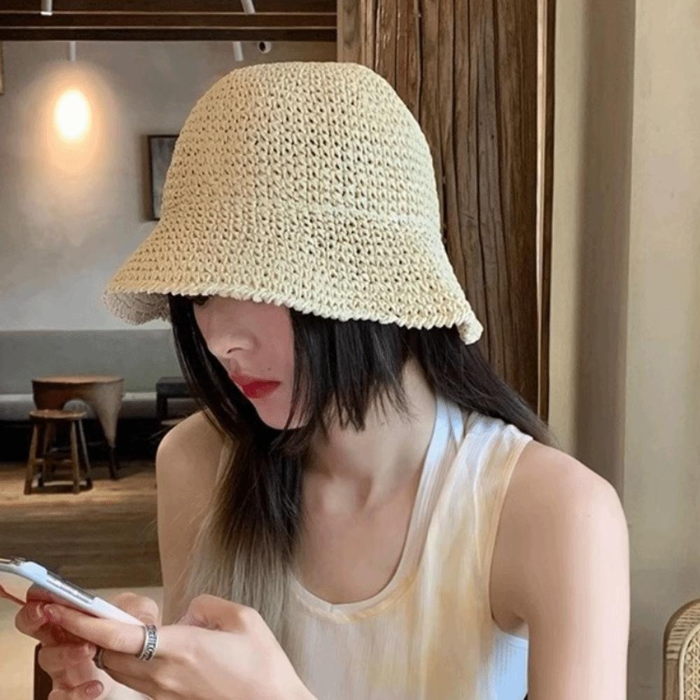 Woven Straw Fisherman Hat Korean Style Bucket Hat Retro Women Sun Hat  Beach