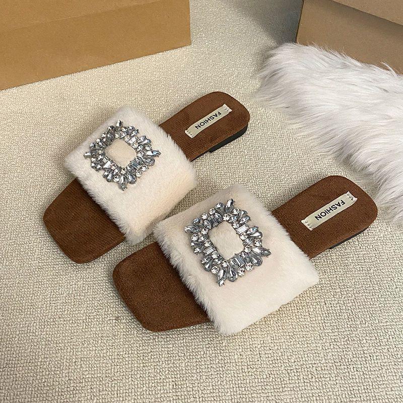 Retro Internet celebrity fairy wind word with fluffy slippers women wear 2025 autumn and winter new flat slippers