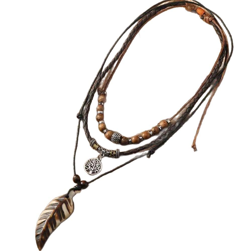 Retro Tree of Life Pendant with Rosewood Pull-out Leather Necklace - European Multi-layer Design