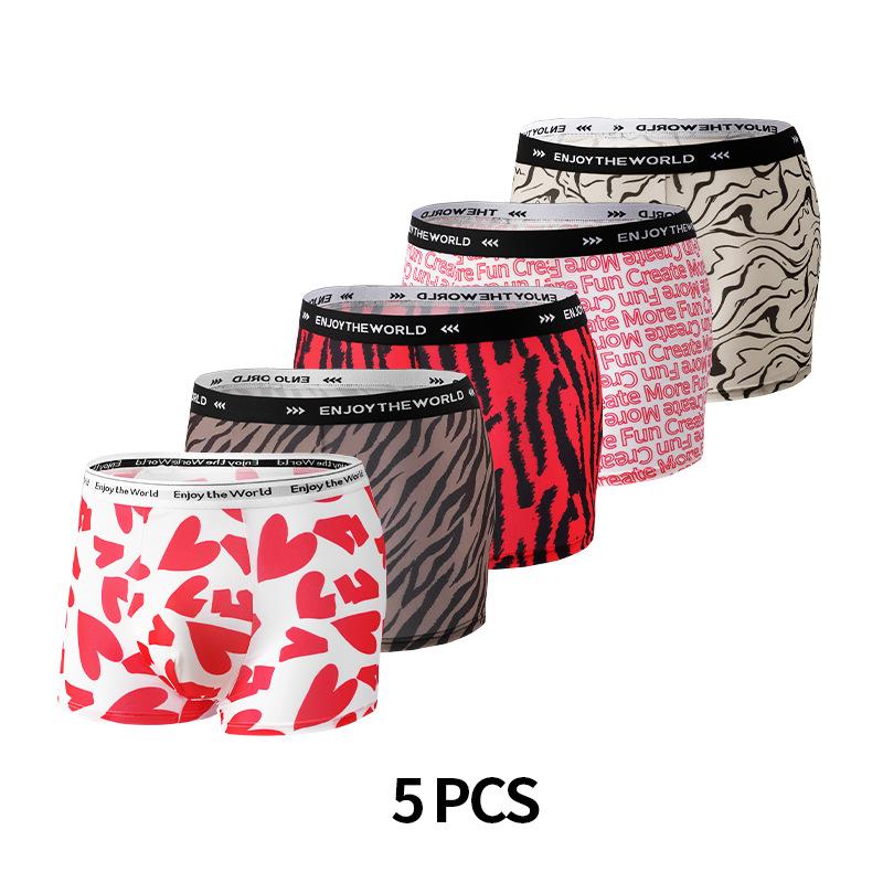 5pcs Plus-size Men's Summer Trend Printed Ice Silk Breathable Mid-waist Flat Angle Underwear