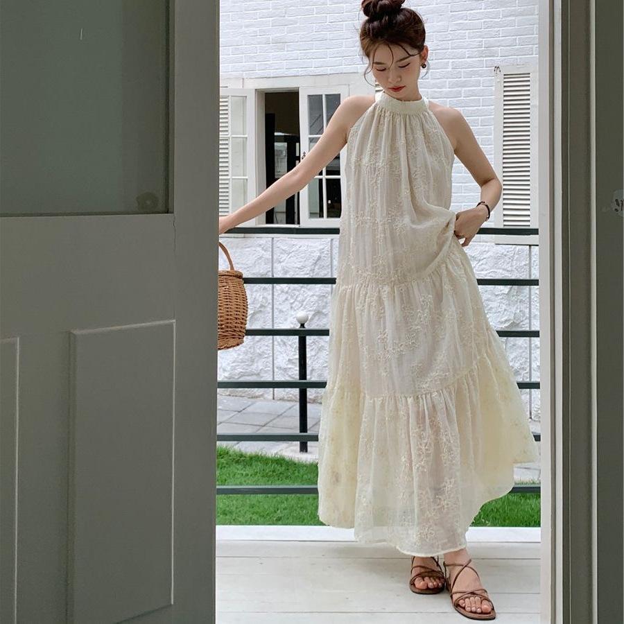 Holiday Style Long Dress Women's French Neck Skirt Summer Chiffon Dress Gentle Wind Embroidery A Word Skirt Women's Fashion Trend