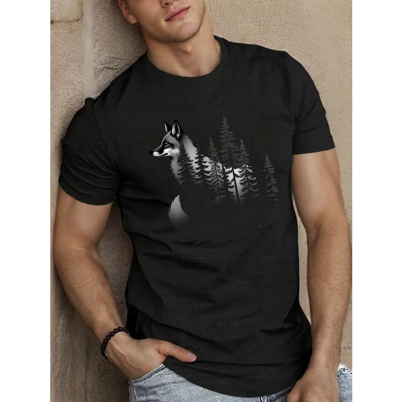 

European sizes Men S Casual Fox Silhouette & Forest Landscape T-Shirt - Short Sleeve, Crew Neck, Summer Top with Slight Stretch, Regular Fit 4XL чорний