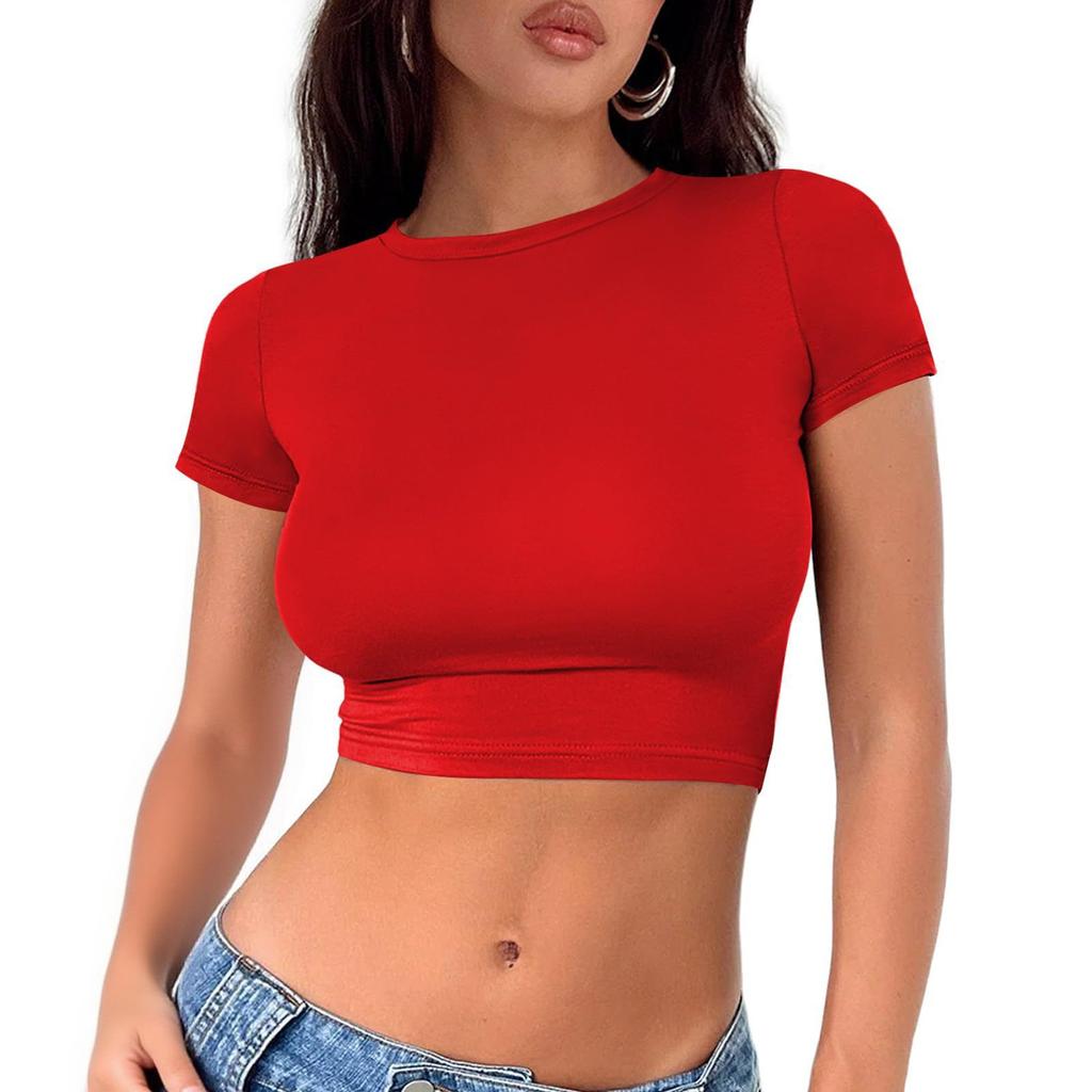 Damenmode Rundhals Halskette T-Shirt Slim Einfarbig Kurzarm Top