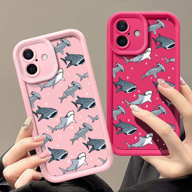 For iPhone 16 16E 15 Pro Max 14 Pro 13 12 11 Case Cartoon Shark Pattern Anti-Fall Matte TPU Lens Protection Shockproof Soft Phone Cover