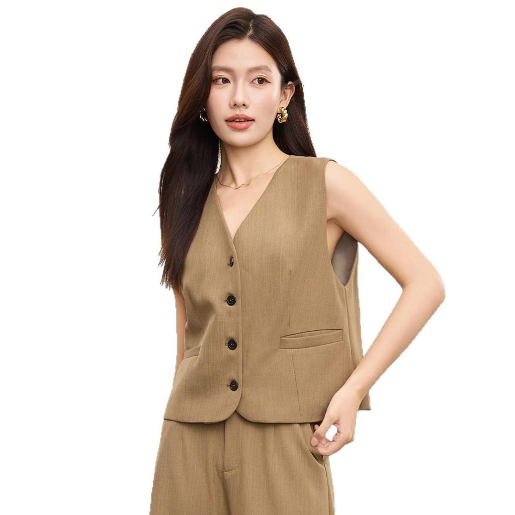 Women's Fashion Khaki V-Neck Vest Waistcoat for Spring & Autumn - Casual Professional Commute Style