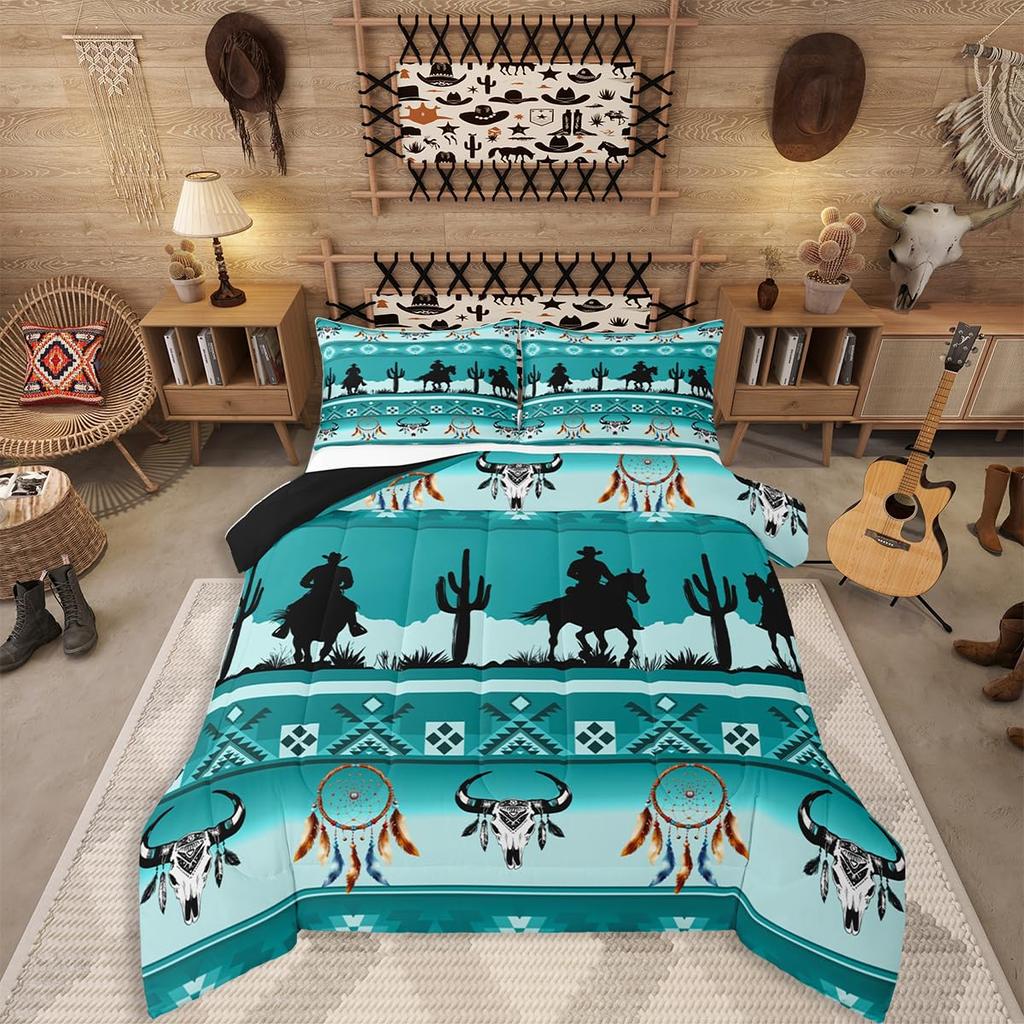 Erosebridal Western Aztec Comforter Set King Size, Boho Farmhouse Bedding Set for Kids Boys Teens Ethnic Southwest Bull Skull Cow Quilt Amer