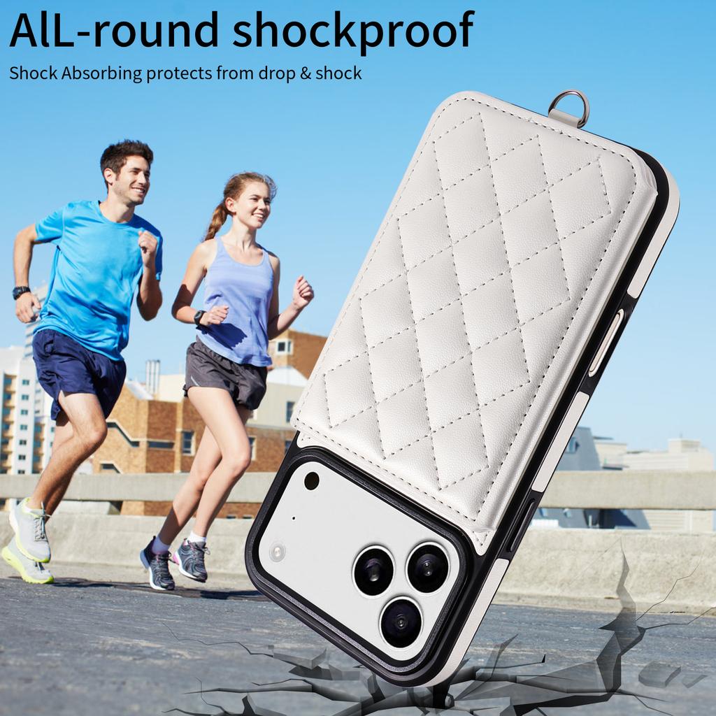 For iPhone 17 Pro Max Case Card Bag Kickstand Leather Coated TPU Phone Cover with Wrist Strap