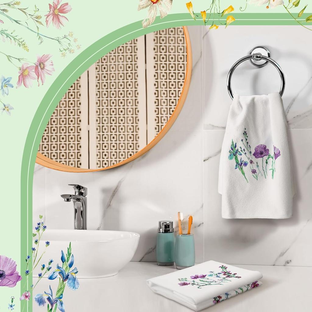 Bencailor 4 Pcs Floral Kitchen Towels Wildflower Print Flower Plants Embroidered Absorbent Dish Towels Housewarming Gift for Autumn Fall Bathroom