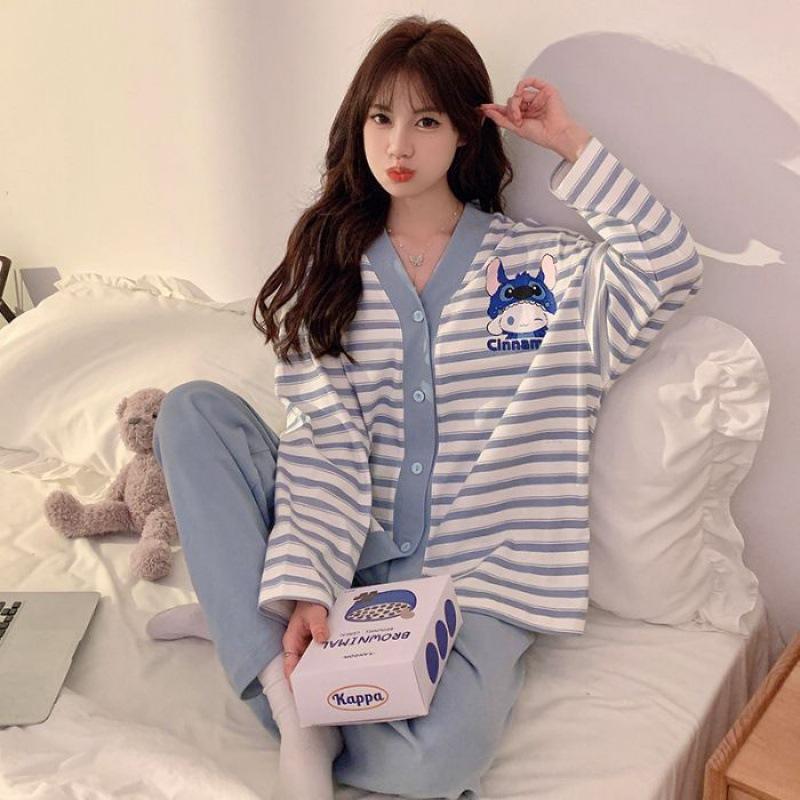

Spring and Autumn New Pajamas Women s Imitation Cotton V-neck Cardigan Long Sleeve Trousers Sweet Cartoon Cute Girl Set XXXL синій