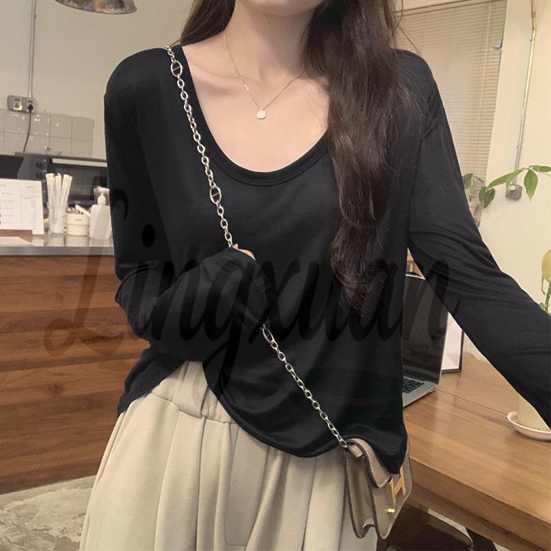 Lyocell Tencel U-Neck Long Sleeve Sun Protection Shirt - Women s Loose-Fit Slimming Tee for Early Autumn 2026 XL чёрный