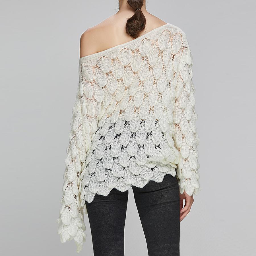 Neuer lockerer Strickpullover mit hohlem 3D-Federmuster, Rundhalsausschnitt und Glockenärmeln für Damen, Oberbekleidung