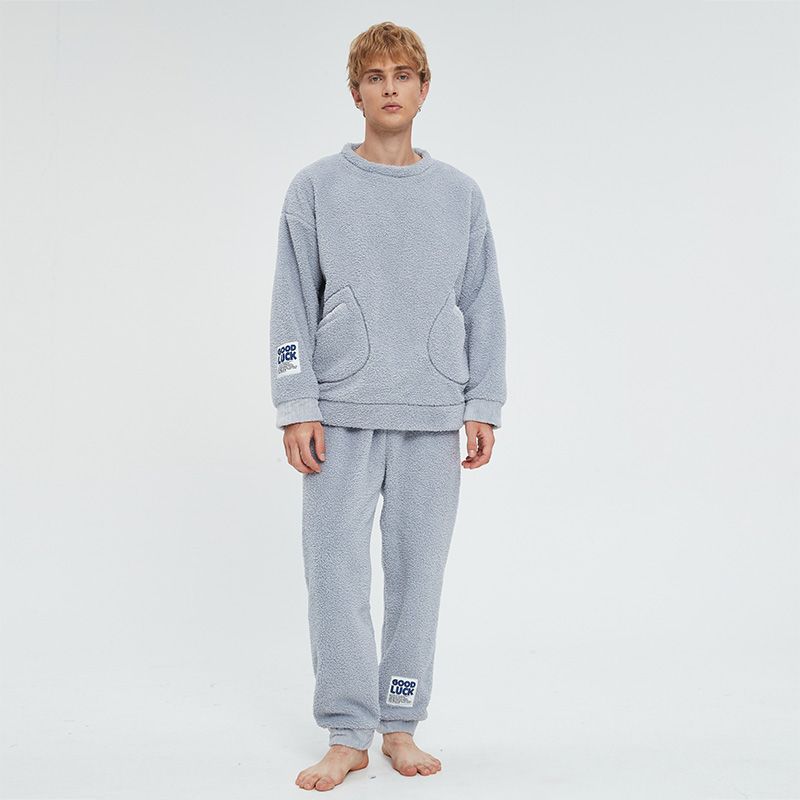 

Soft Glutinous Thickened Fleece-lined Outwear Couple Pajamas Winter Women s Coral Fleece Pullovers Home Wear Suit Men s Long Sleeves Gray XXL women
