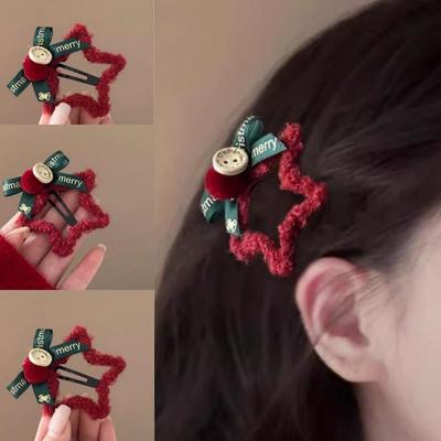 Red Plush Star Hair Bow Clip - Festive Hairpin for New Year & Christmas